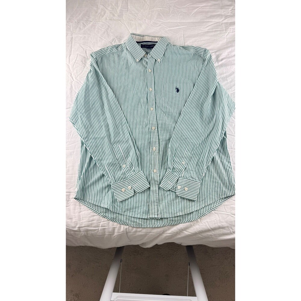 U.S. Polo Assn Mens XL  Green White Striped Long Sleeve Button Down Shirt